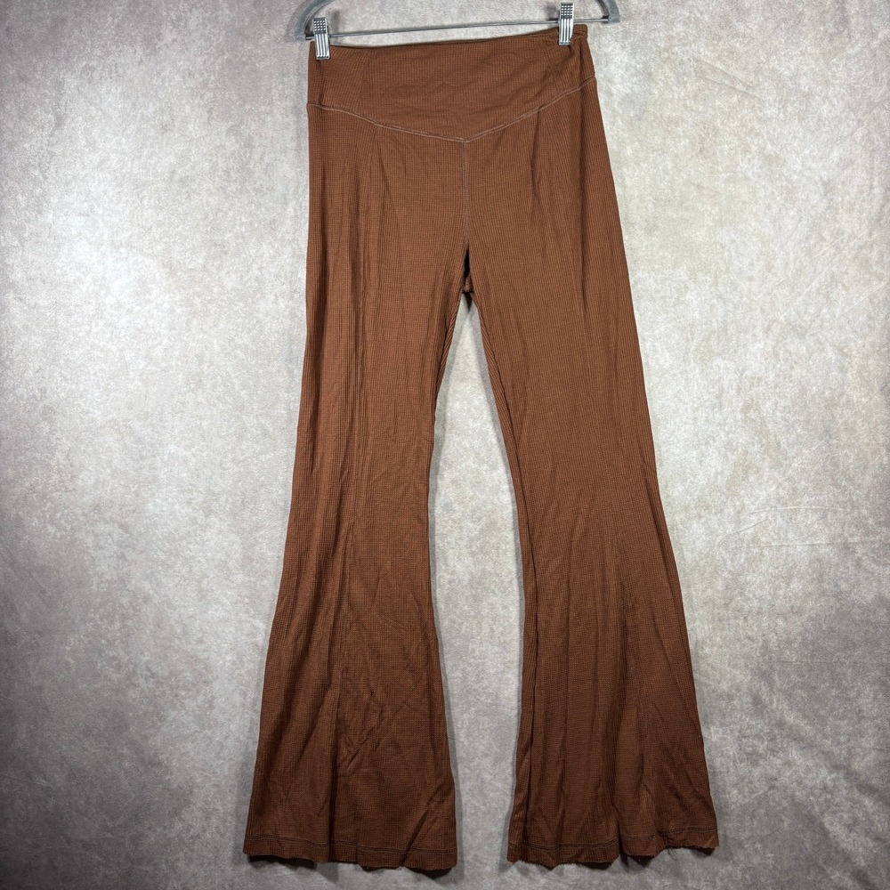 Body & Sol Pants Womens Medium Brown Waffle Knit Flared Lounge Boho Yoga